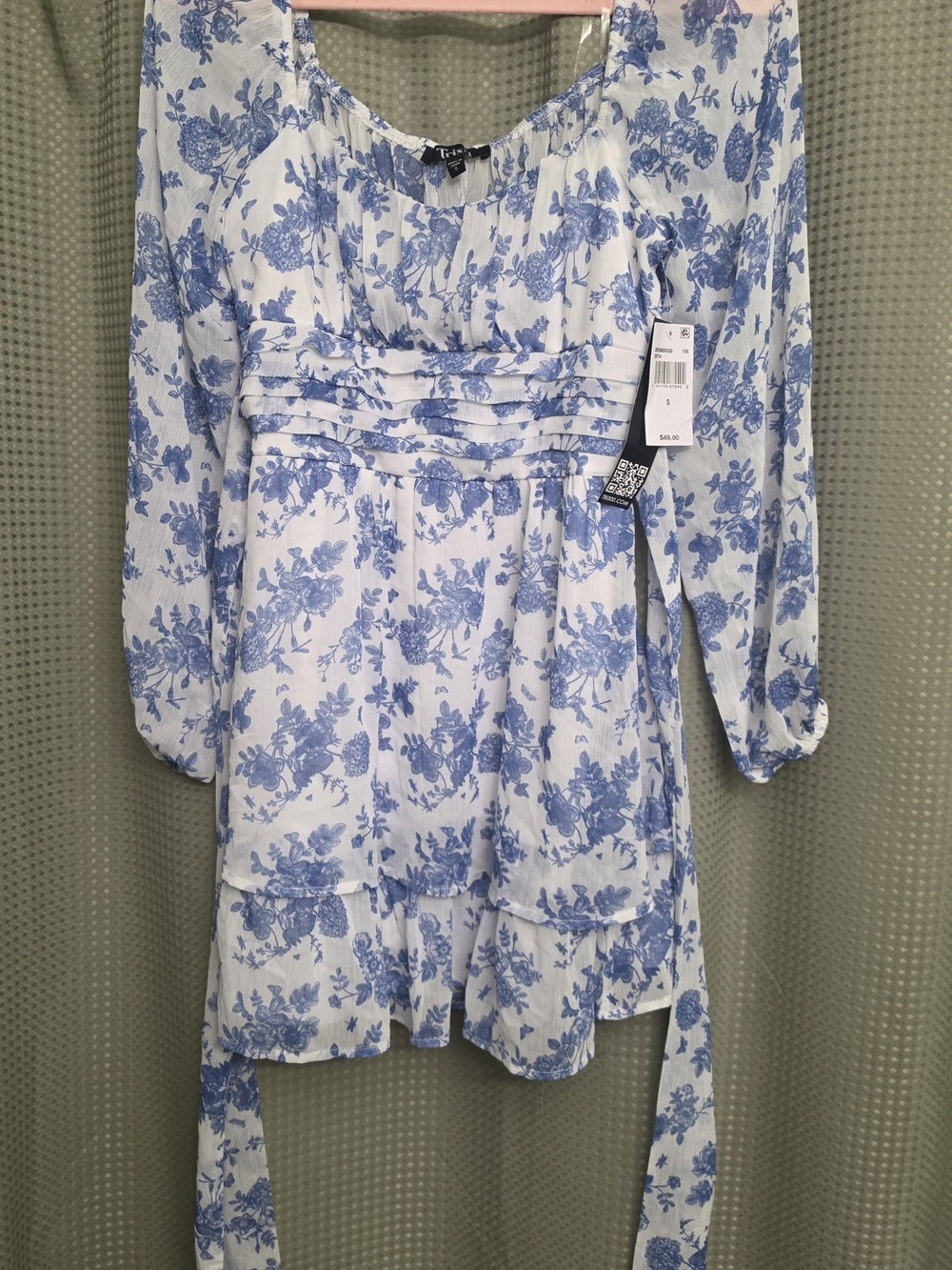 Trixxi White Dress with Blue Floral Print and Tie-Waist